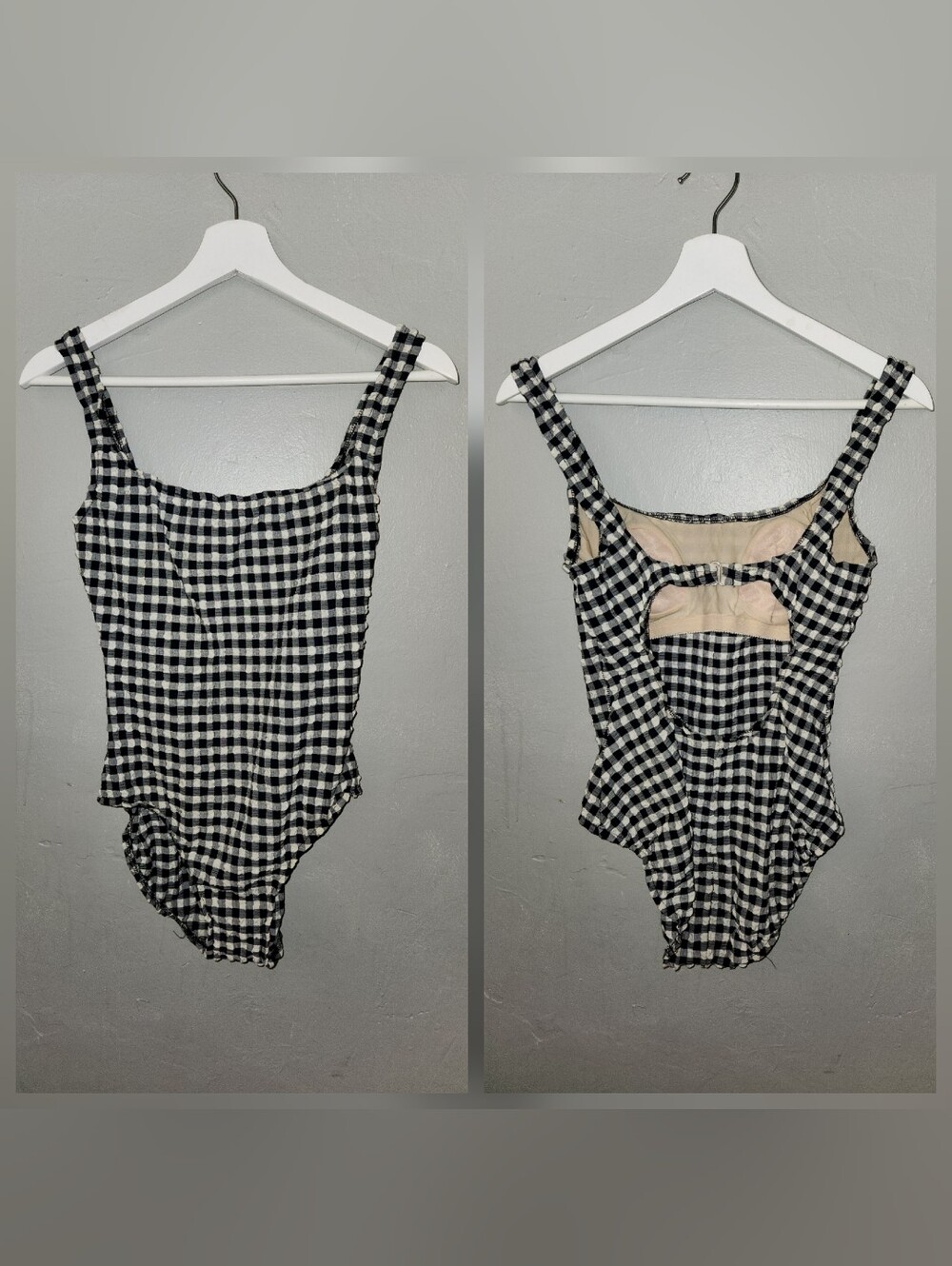 Vintage Athena 1980s 1990s Black White Plaid One-Piece Swimsuit